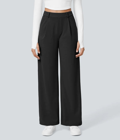 Plissierte dehnbare Stoffhose mit hohem Bund, Seitentaschen und geradem Bein