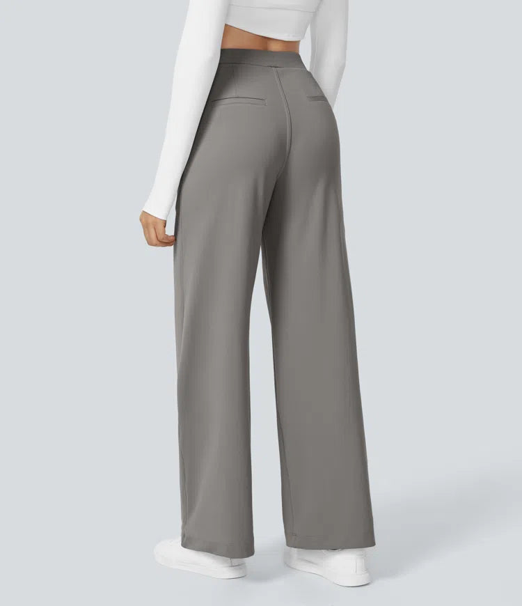 Plissierte dehnbare Stoffhose mit hohem Bund, Seitentaschen und geradem Bein