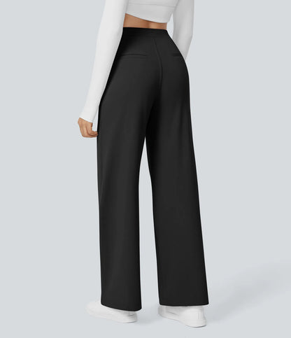 Plissierte dehnbare Stoffhose mit hohem Bund, Seitentaschen und geradem Bein