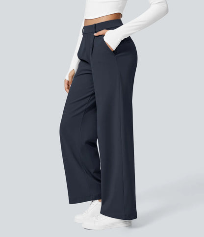 Plissierte dehnbare Stoffhose mit hohem Bund, Seitentaschen und geradem Bein