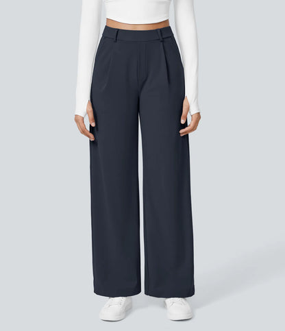 Plissierte dehnbare Stoffhose mit hohem Bund, Seitentaschen und geradem Bein