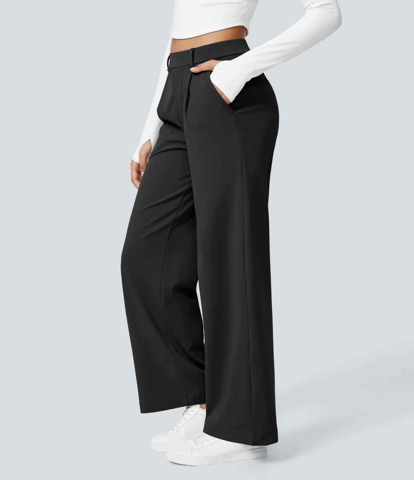 Plissierte dehnbare Stoffhose mit hohem Bund, Seitentaschen und geradem Bein
