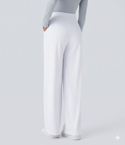 Plissierte dehnbare Stoffhose mit hohem Bund, Seitentaschen und geradem Bein