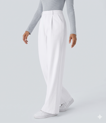 Plissierte dehnbare Stoffhose mit hohem Bund, Seitentaschen und geradem Bein