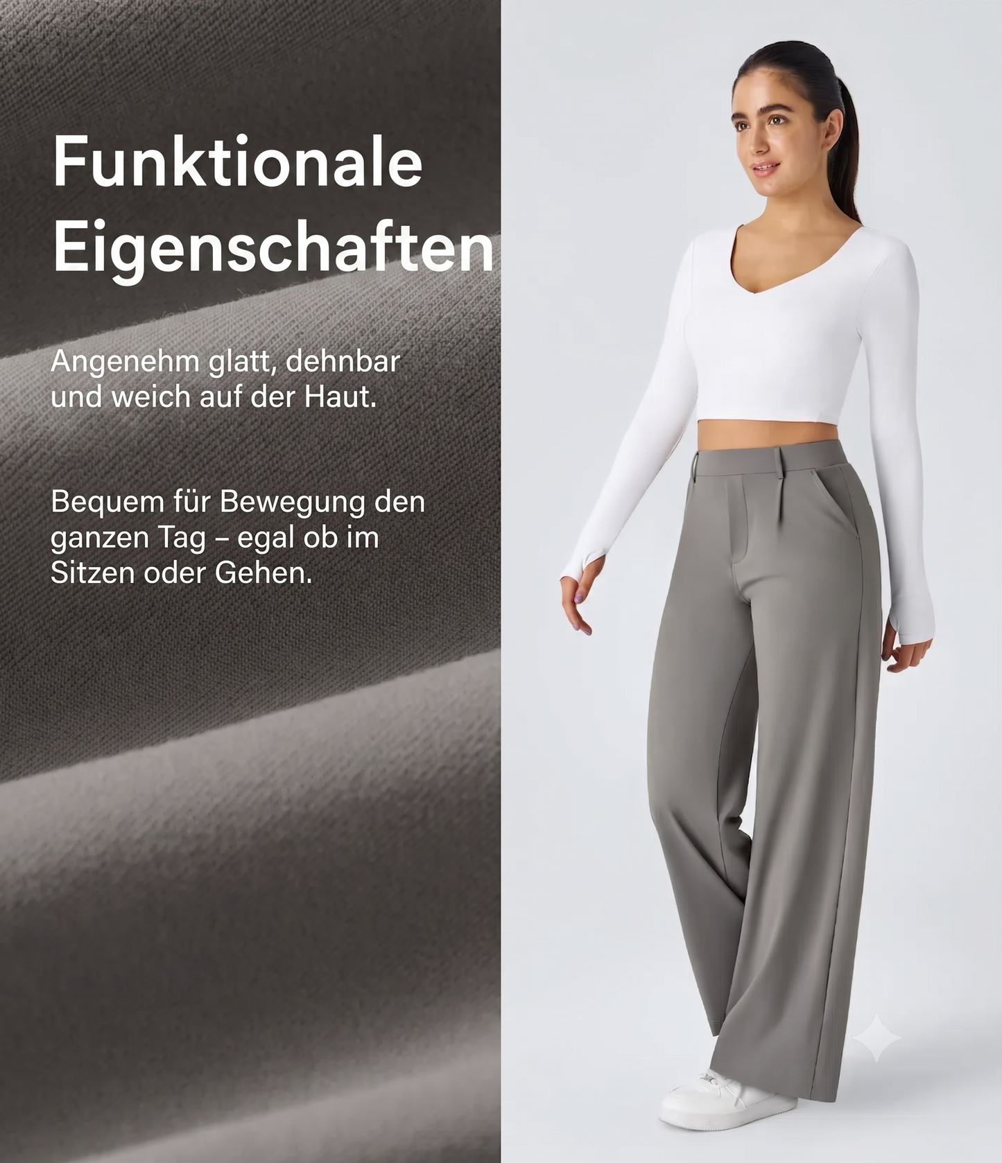 Plissierte dehnbare Stoffhose mit hohem Bund, Seitentaschen und geradem Bein