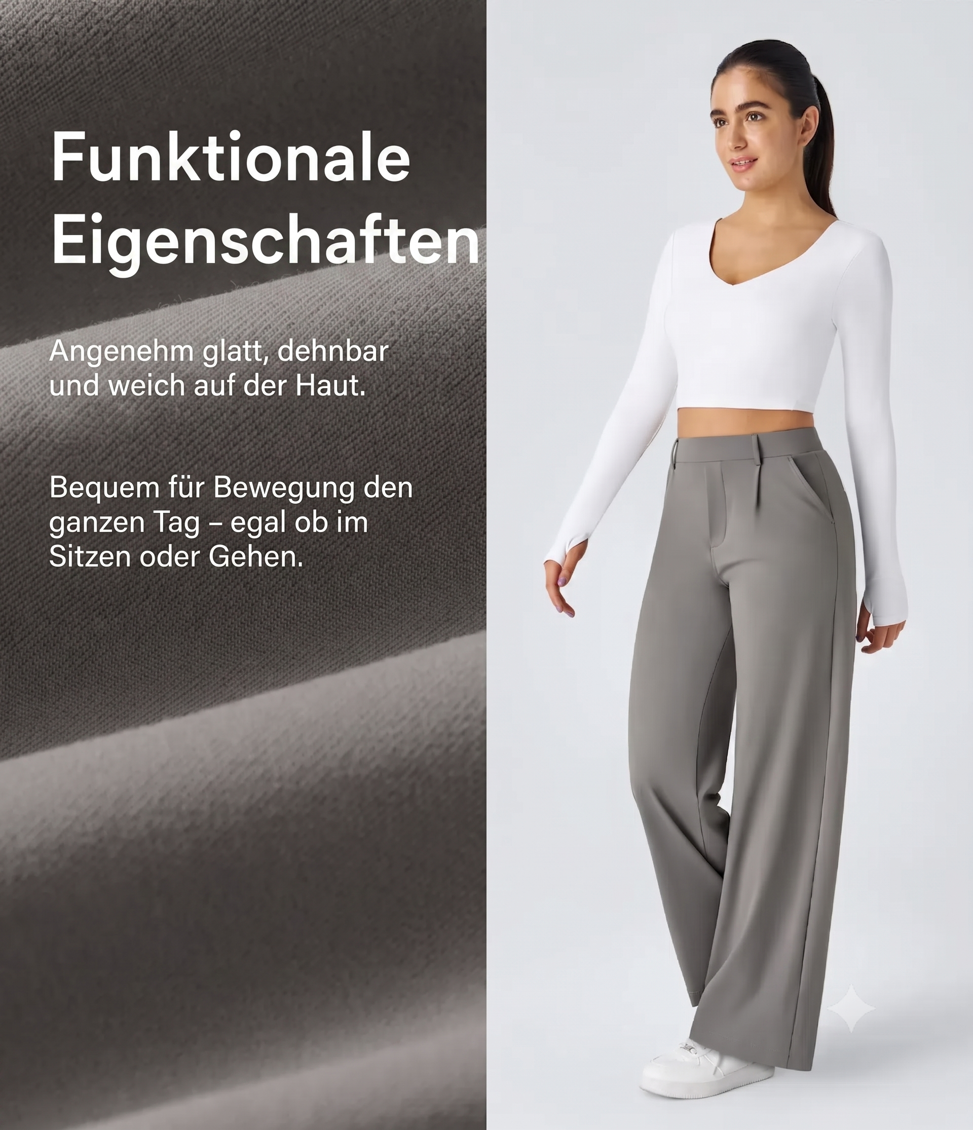 Plissierte dehnbare Stoffhose mit hohem Bund, Seitentaschen und geradem Bein
