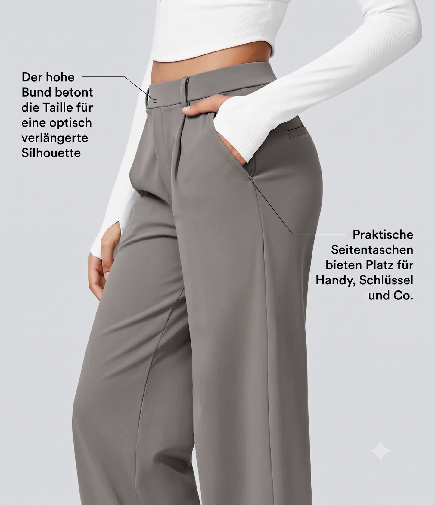 Plissierte dehnbare Stoffhose mit hohem Bund, Seitentaschen und geradem Bein