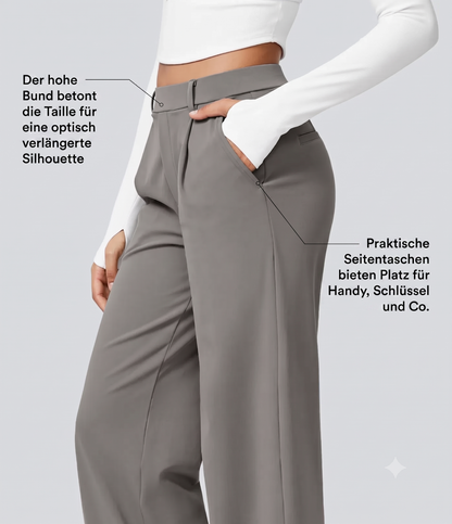 Plissierte dehnbare Stoffhose mit hohem Bund, Seitentaschen und geradem Bein