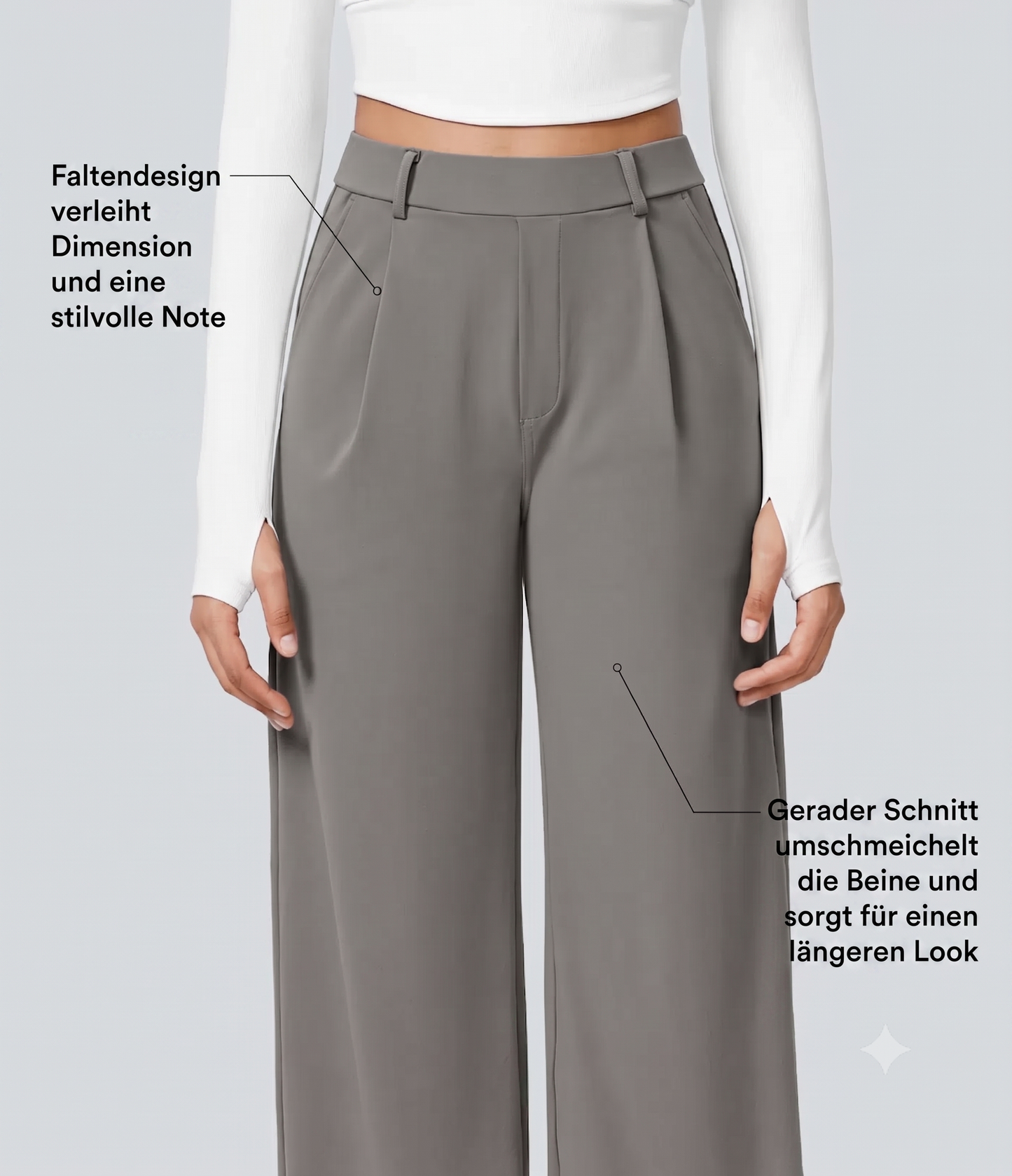 Plissierte dehnbare Stoffhose mit hohem Bund, Seitentaschen und geradem Bein