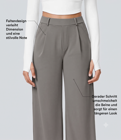 Plissierte dehnbare Stoffhose mit hohem Bund, Seitentaschen und geradem Bein